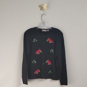 Croft & Barrow Black Beaded Holiday Red Cardinal Whimsical Bird Cardigan